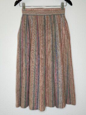 PRICE FIRM Vintage 70s Claude Brown Earthy Woven Bohemian Striped Skirt | XXS/XS